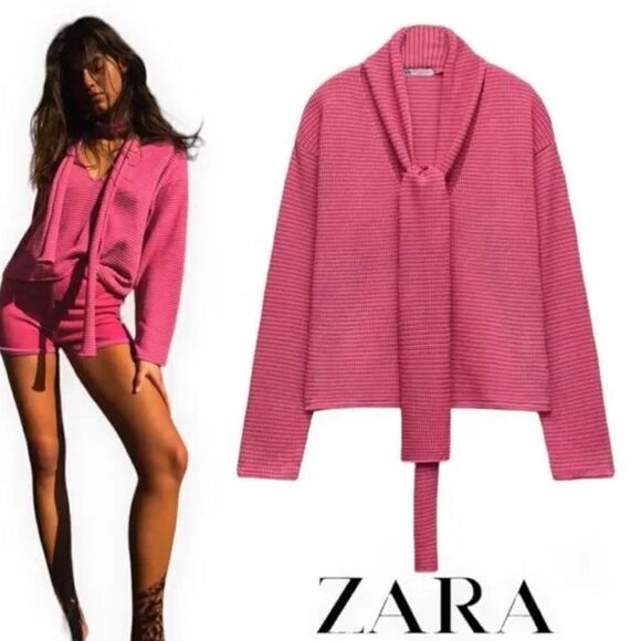 Zara Sweater With Scarf Wmns‎ Sz S Fuschia Pink Striped Long Sleeve Valentine - Picture 1 of 9